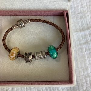 Pandora leather bracelet & charms set